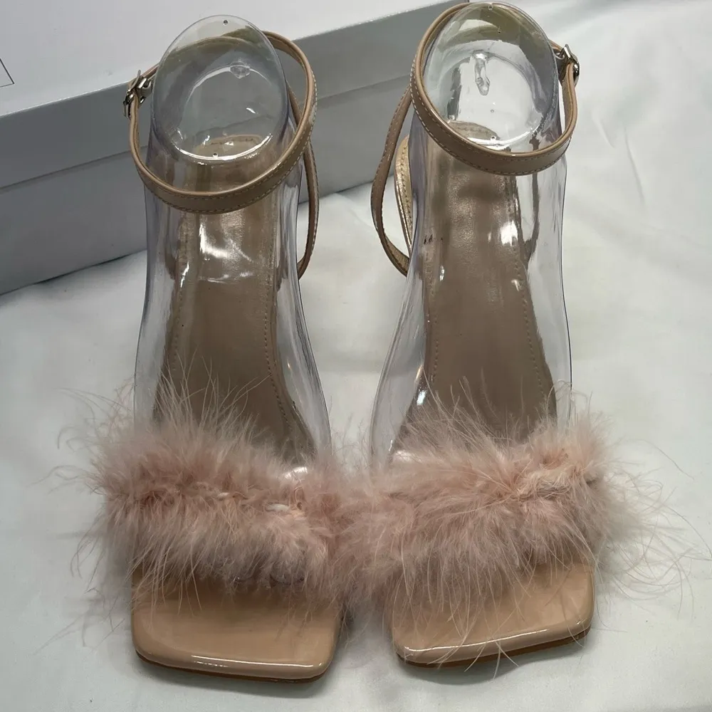 PINK FEATHERED HEELS 7.5-8 39 PINK WITH BEIGE SHOE & TRANSPARENT HEEL NEW IN BOX - Image 5