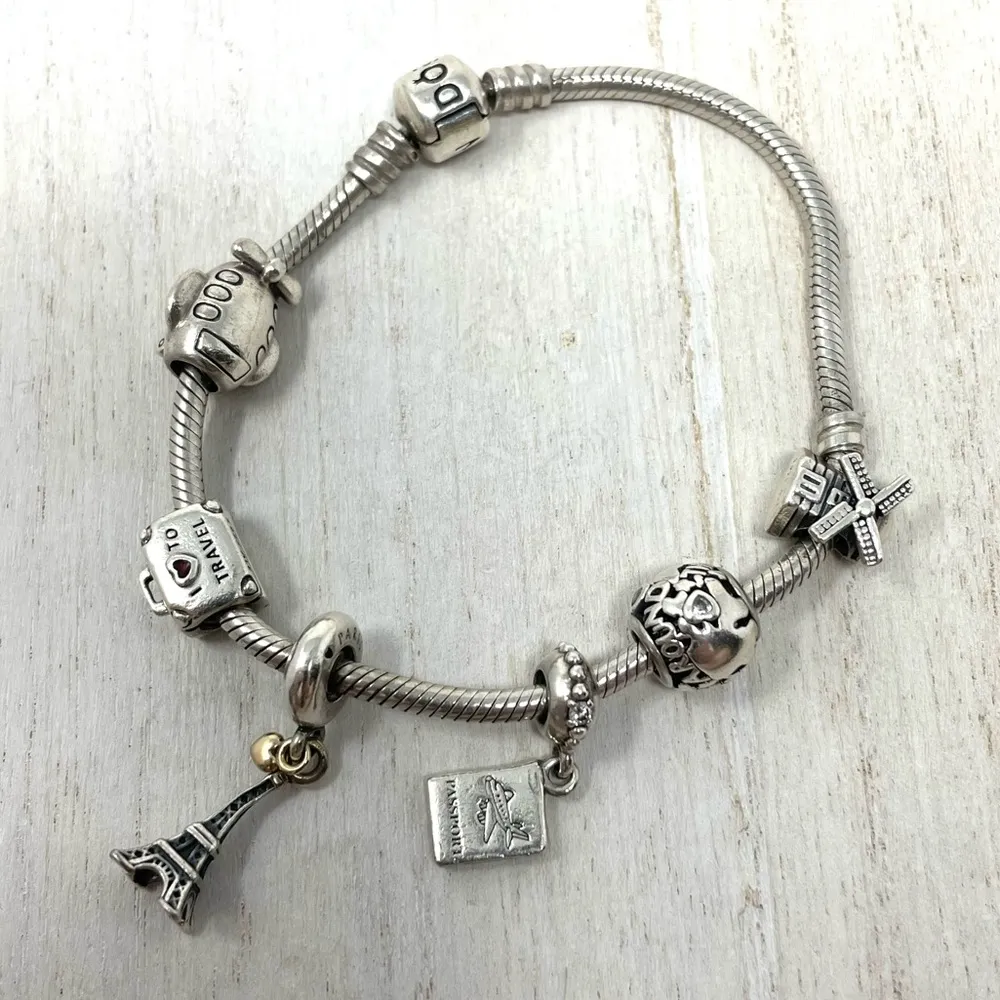 PANDORA  “travel” themed 6 charm sterling silver bracelet - Image 4