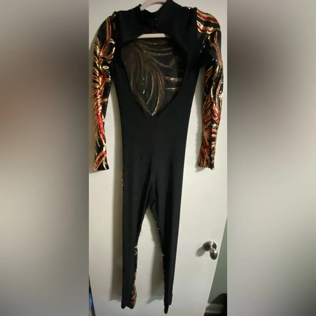 Sequence Open Back Black Red and Gold Long Sleeve Pant Bodysuit Womens Sz Small - Image 2