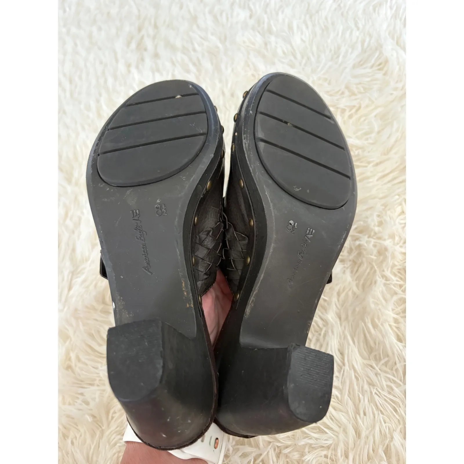 American Eagle Clogs Woven Leather Buckle Block Heel Studded Brown Mules‎ Size 8.5 - Image 6