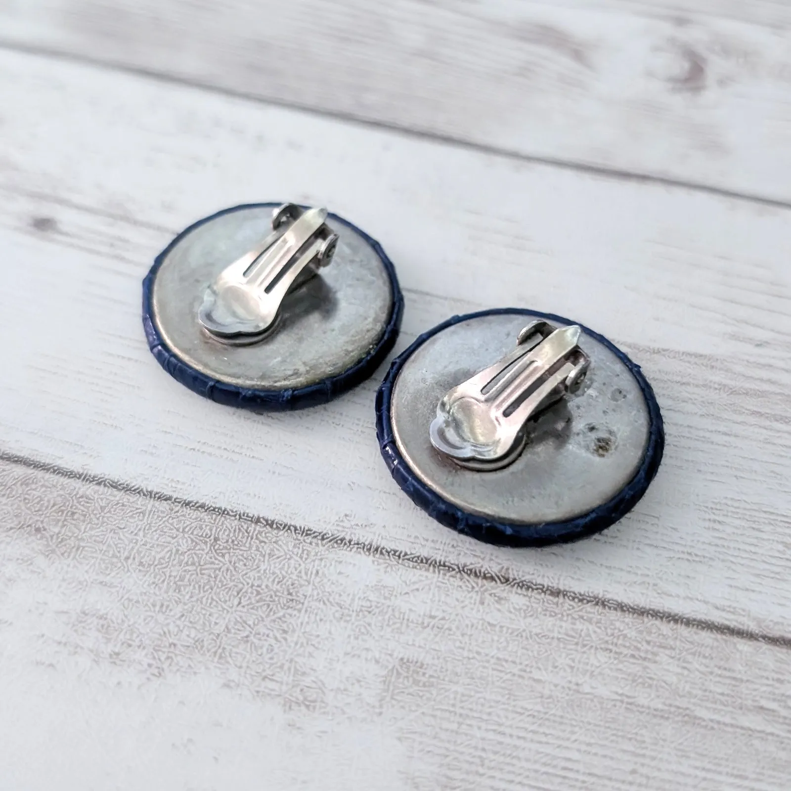 Vintage Clip On Earrings Dark Blue Scales Design 1 & 1/8" - Image 7