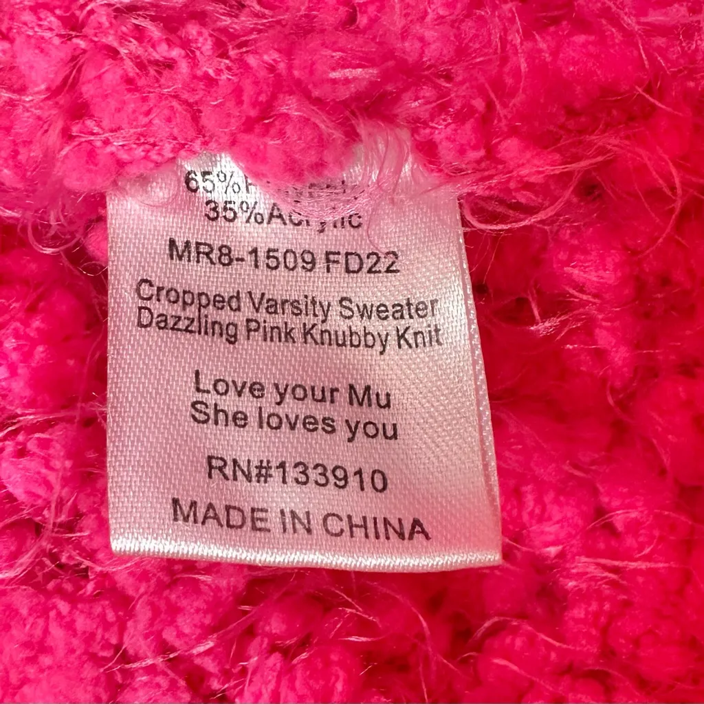 Show Me Your MuMu Cropped Varsity Sweater Dazzling Pink Knubby Knit Crew Neck - Image 7