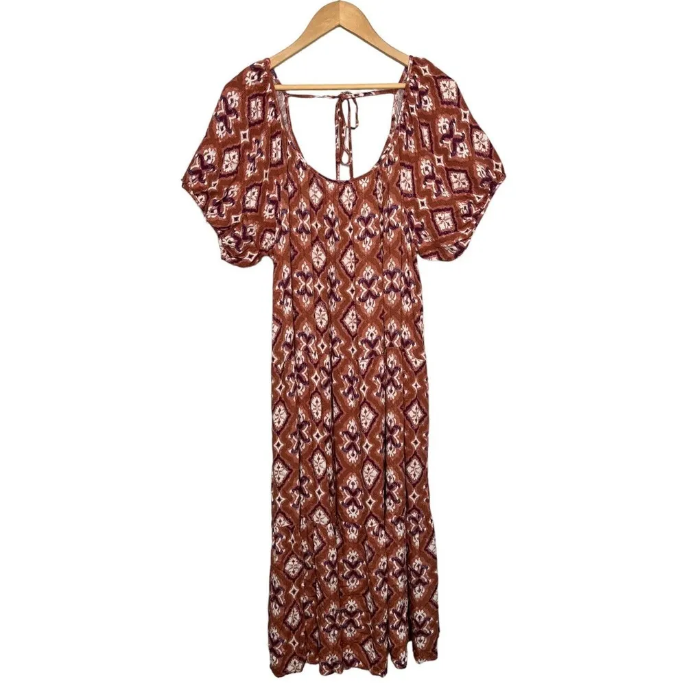 Knox Rose Midi Floral Tiered Boho Scoop Neck Short Puff Sleeves Tie Rust XXL - Image 2