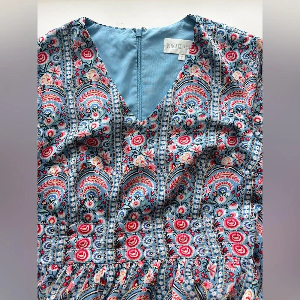 MIKAEL AGHAL Ruffle Trim Floral Print Burnout Georgette Maxi Dress long sleeve Blue Size 6 - Image 3