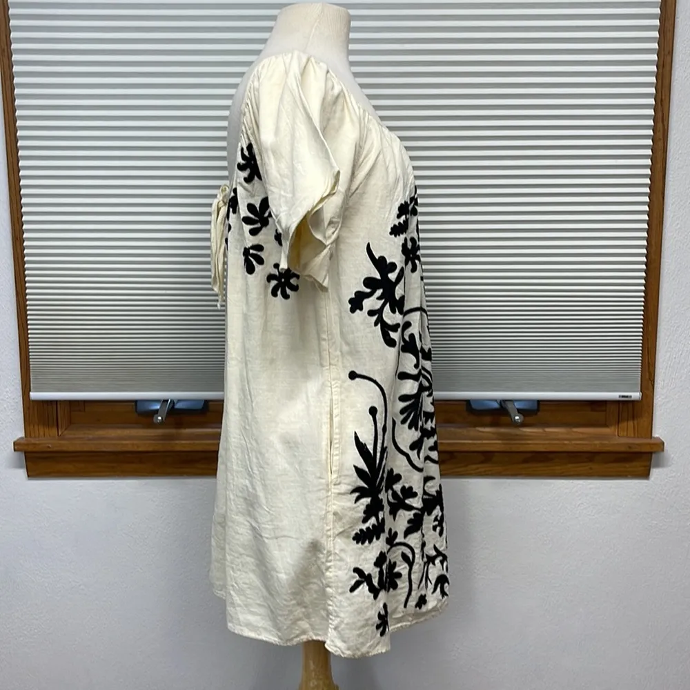 XS // Free People Ivory Cotton Fiona Black Floral Embroidered Mini Dress - Image 7