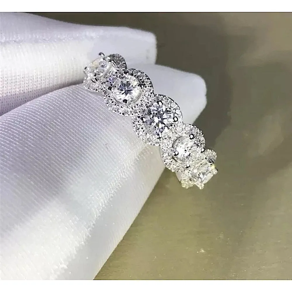 5 Stone Halo Simulated Diamond Ring | Platinum Plated Sterling Silver‎ - Image 12