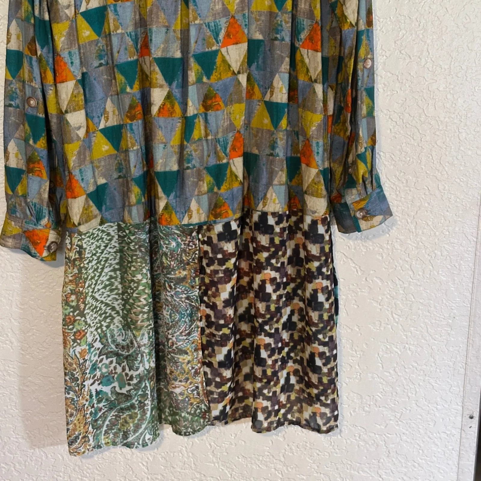 JOHN MARK Patchwork Geometric Floral Print Long Sleeve Shirt Dress Size L Birds - Image 8