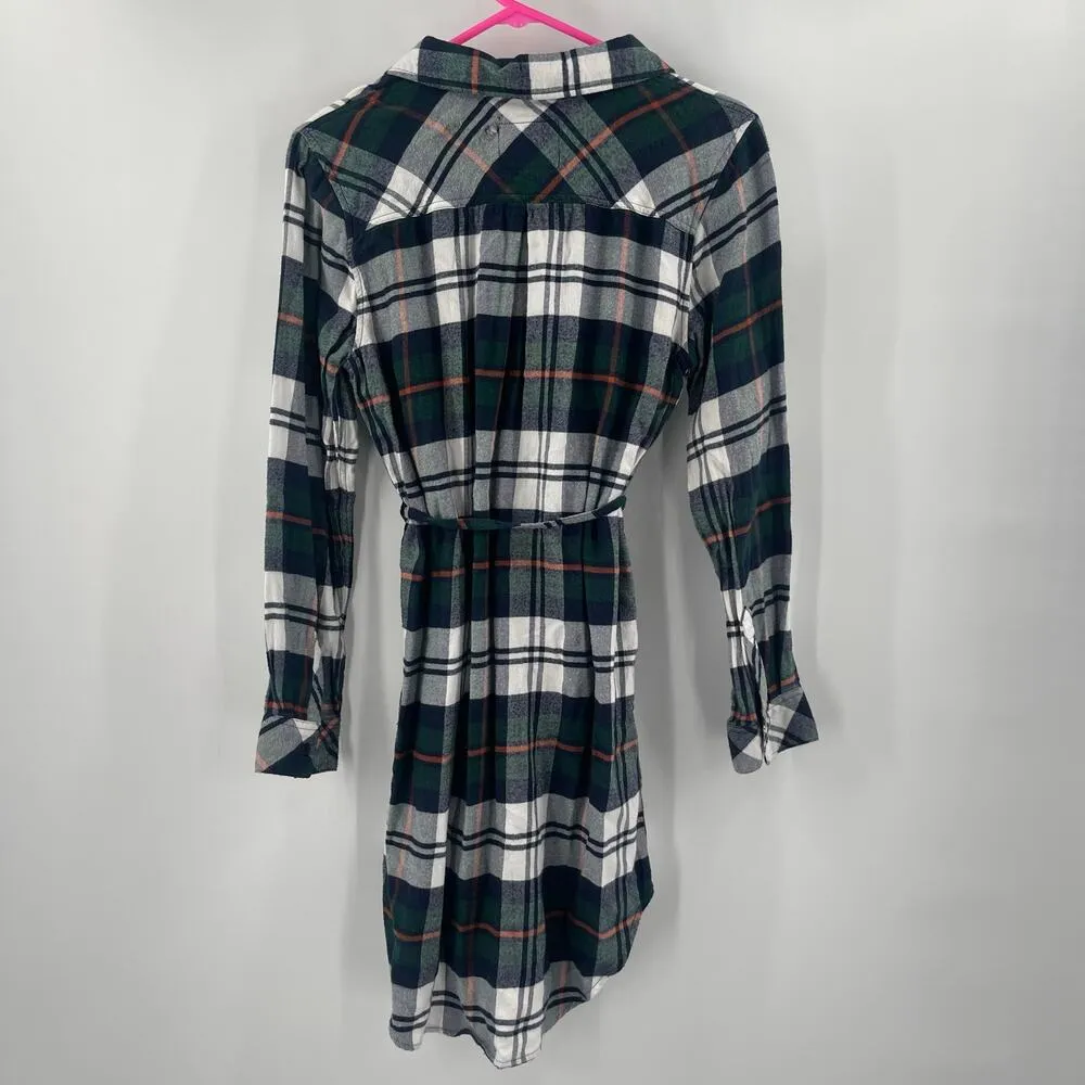 RAILS Shirt Dress Medium Nadine Flannel Plaid Button Down Tie Waist Green Navy - Image 3