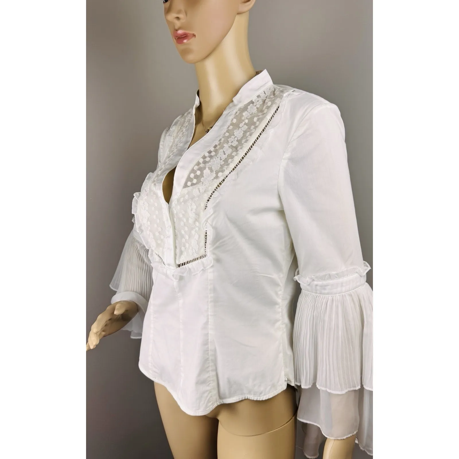 Bebe Women's Sz S Victorian Lace Side Zip Up Top Sz S‎ Coquette Bell Sleeve Y2K - Image 11