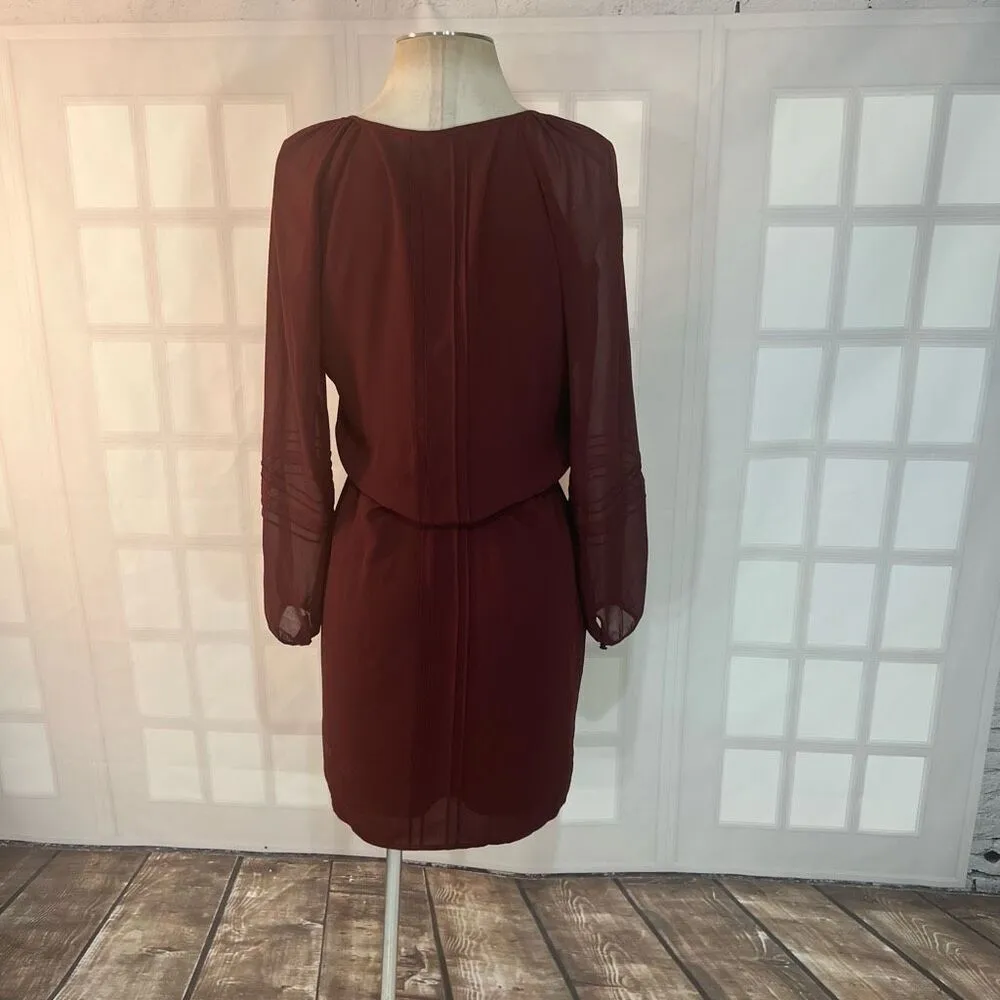 White House Black Market Burgundy Tie Neck Lace Long Sleeve Blouson Dress Sz XS - Image 5