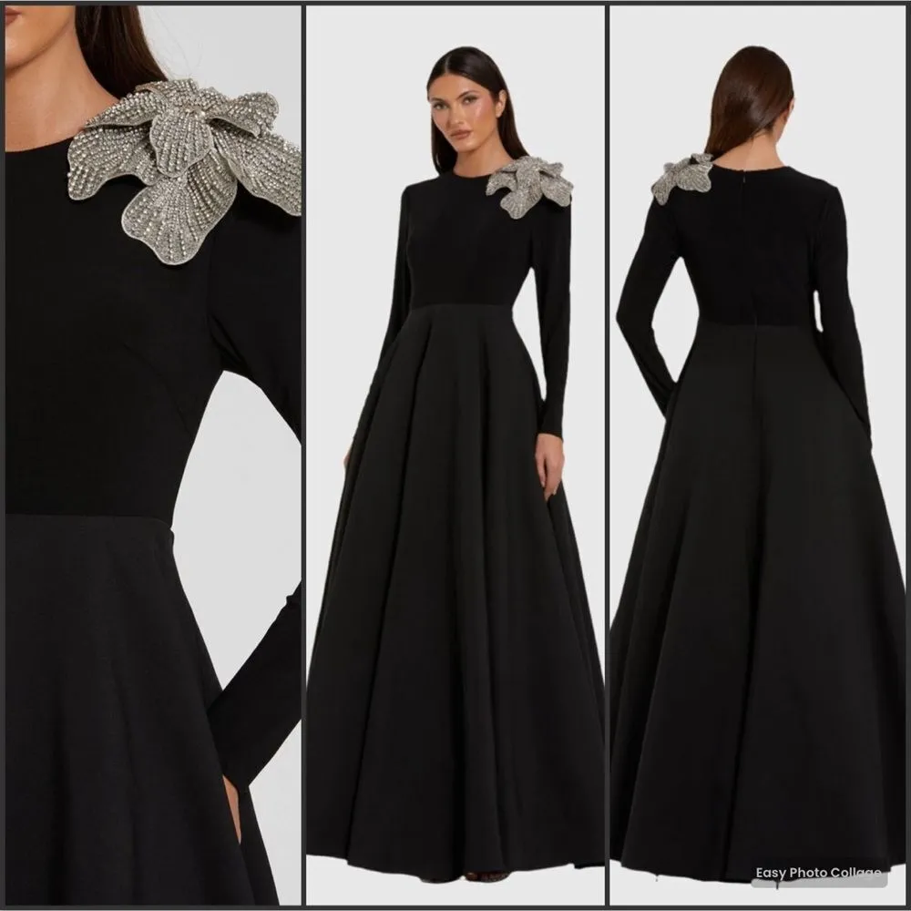 Mac Duggal 11832 Black Long Sleeve Taffeta 3D Flower Ball Gown Dress - Image 3