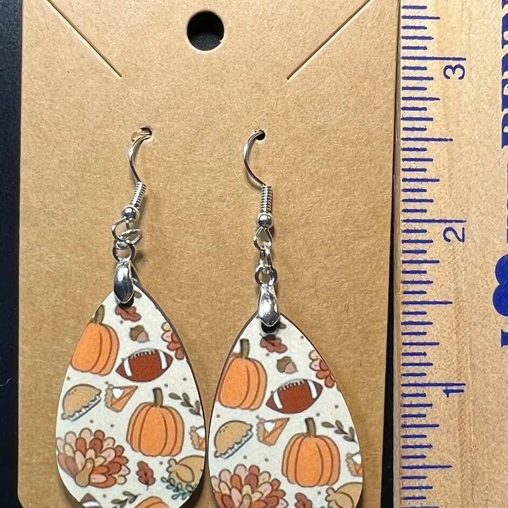 Thanksgiving Pumpkin Pie Football Teardrop Earrings New - Image 3