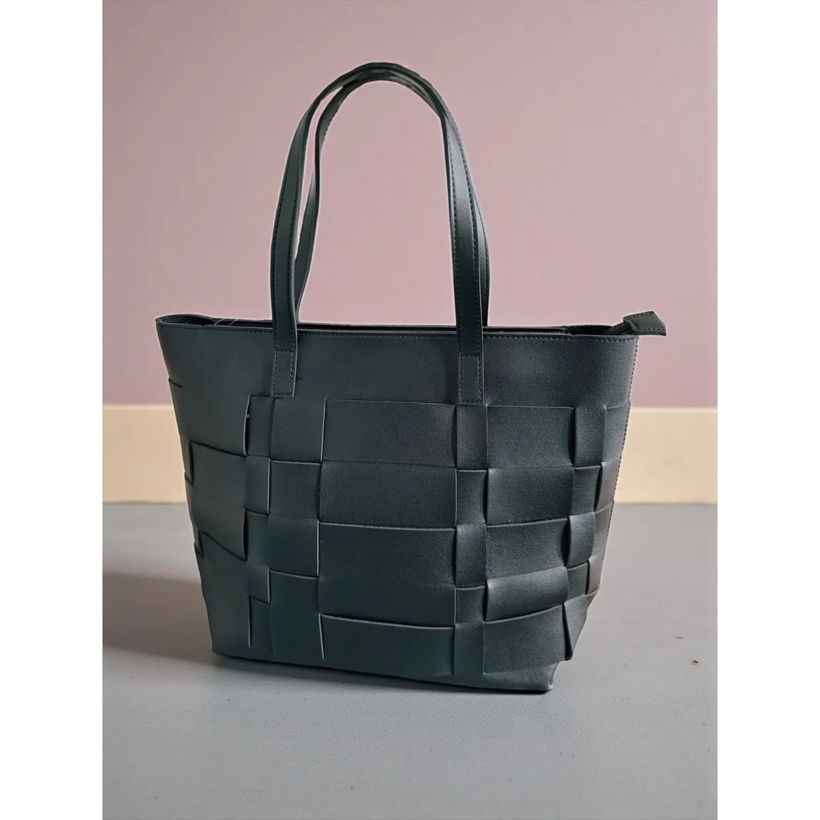 Woven Tote Bag Black Faux Leather Top Handle Bag Everyday Purse - Image 3