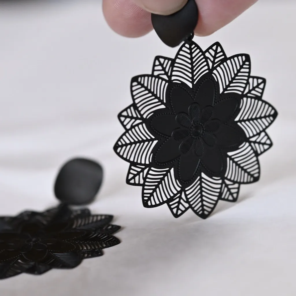 Chic Black Floral Cutout Statement Flower Earrings Boho new gift unique stud - Image 2