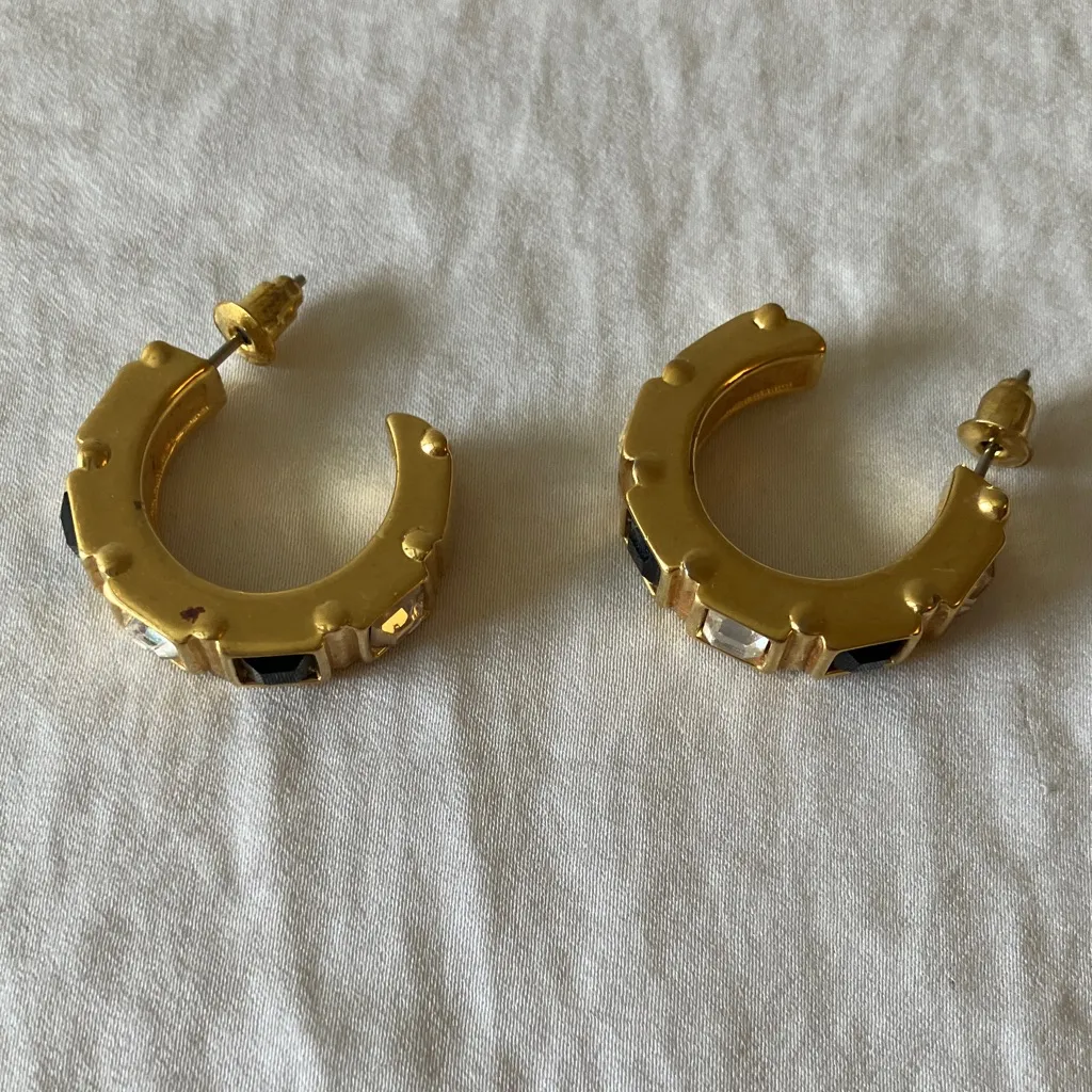 Swarovski: Clear & Black Swarovski Crystal Gold Tone Hoop Earrings - Image 6