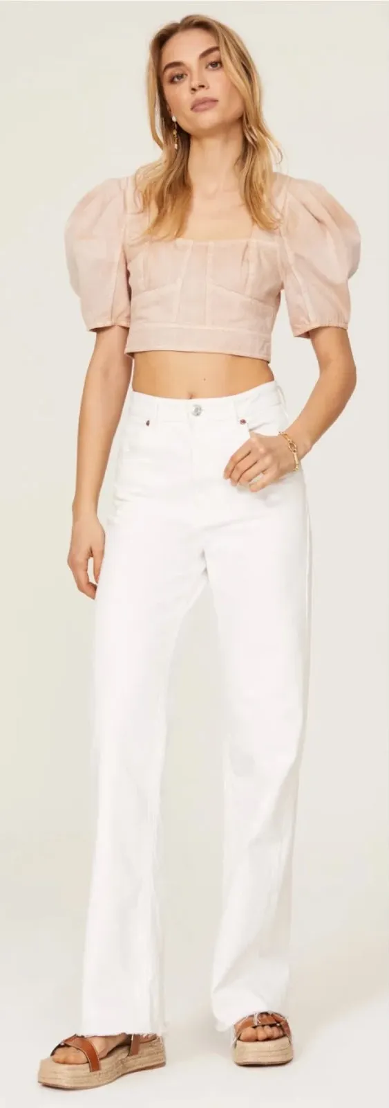 Ulla Johnson Renee Top Crop Denim Puff Sleeve Zip Sweetbriar Pink Size 8 - Image 1