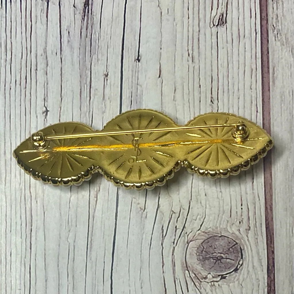 Vintage Yves Saint Laurent Faux Pearl & Gold Tone Brooch – Signed YSL – 3” - Image 6