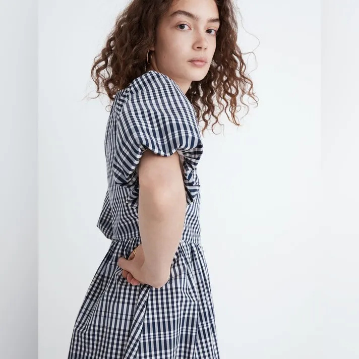 Madewell Poplin V-Neck Bubble-Sleeve Mini Dress in Plaid size 8 preppy classic - Image 13