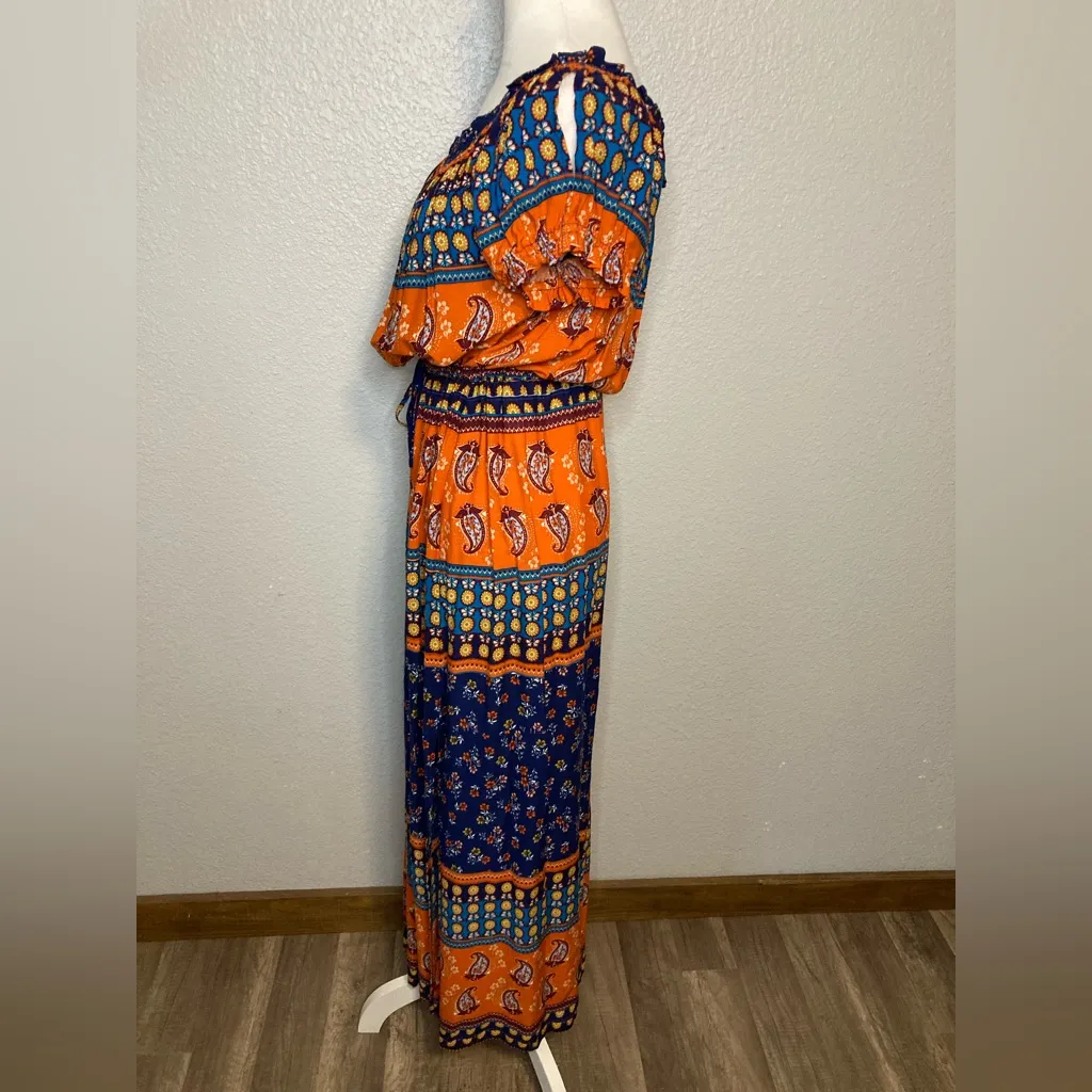 Umgee USA Maxi Dress L Boho Floral Paisley Colorblock Cold Off The Shoulder NWT - Image 6