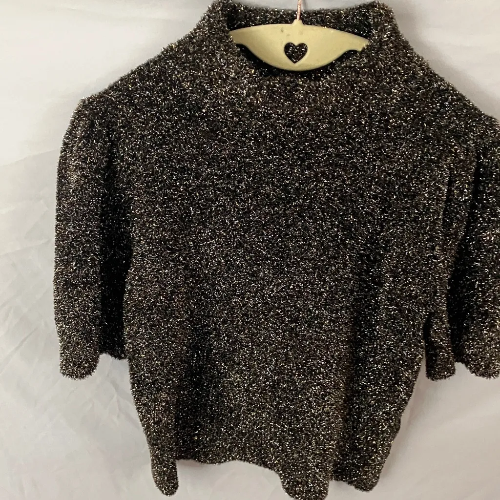 Kate Spade: Holiday/Christmas Metallic Black/White/Gold Short Sleeve Sweater- S - Image 14