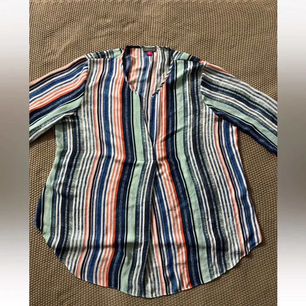 Vince Camuto Tunic Blouse Blue‎ Turquoise Pink Stripe Long Sleeve V-Neck Sz XL - Image 2