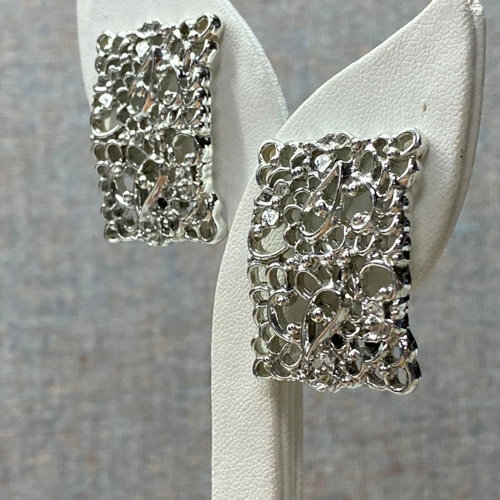 Silver Tone Ornate Rectangular Filigree Non Pierced Clip On Statement Earrings - Image 3