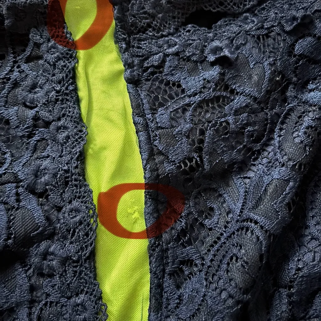 FLAW Juniors Maniju Navy Lace Evening Gown Mermaid High Slit Peekaboo Cut Out - Image 11