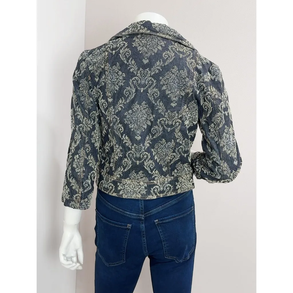 Parallel Women's Dark Blue Green Floral Cropped Denim Jacket Size 2 - Image 6