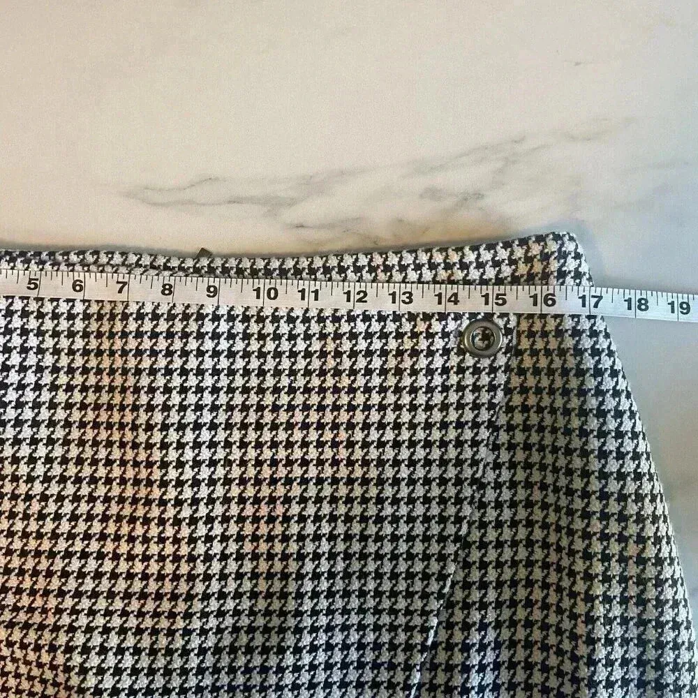 EVIE HOUNDSTOOTH FAUX WRAP ASYMMETRICAL SKIRT Size 14‎ Black White Tweed Preppy - Image 10