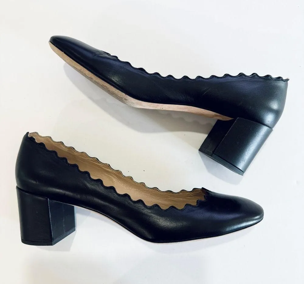 CHLOE black leather scalloped low heel pumps shoes Euro size 37 1/2 EUC - Image 4