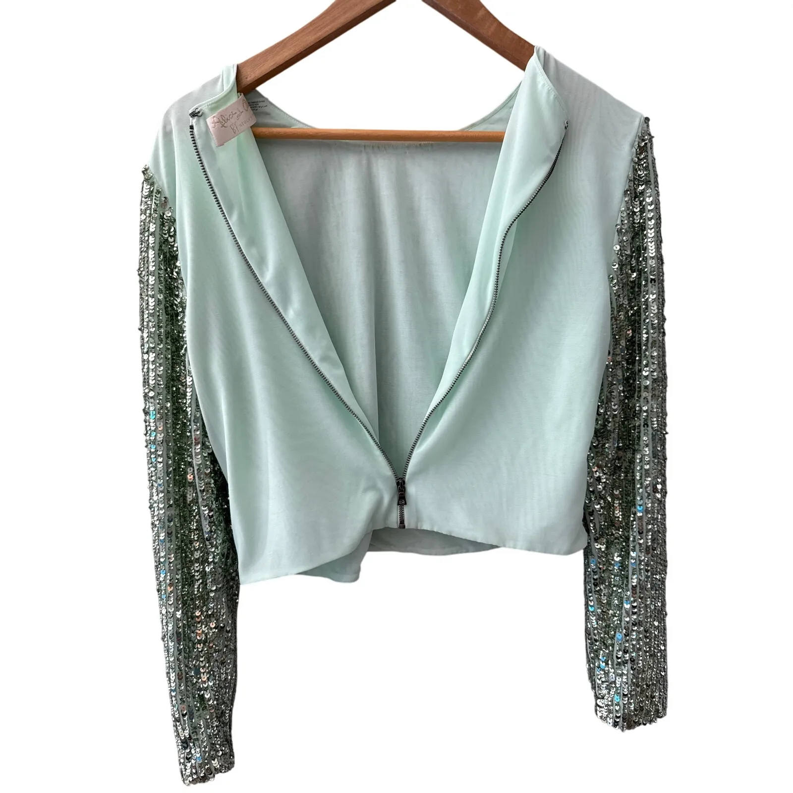 ALICE + OLIVIA Delaina Long Sleeve Sea Green Sequin Crop Top Size Large - Image 7
