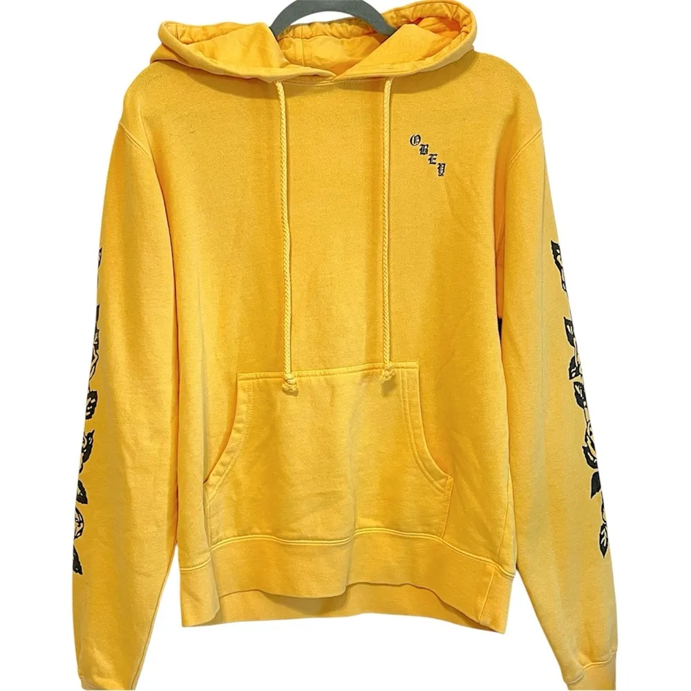 OBEY graphic hoodie, dark yellow, cotton blend, pullover hoodie, pocket, size M - Image 2