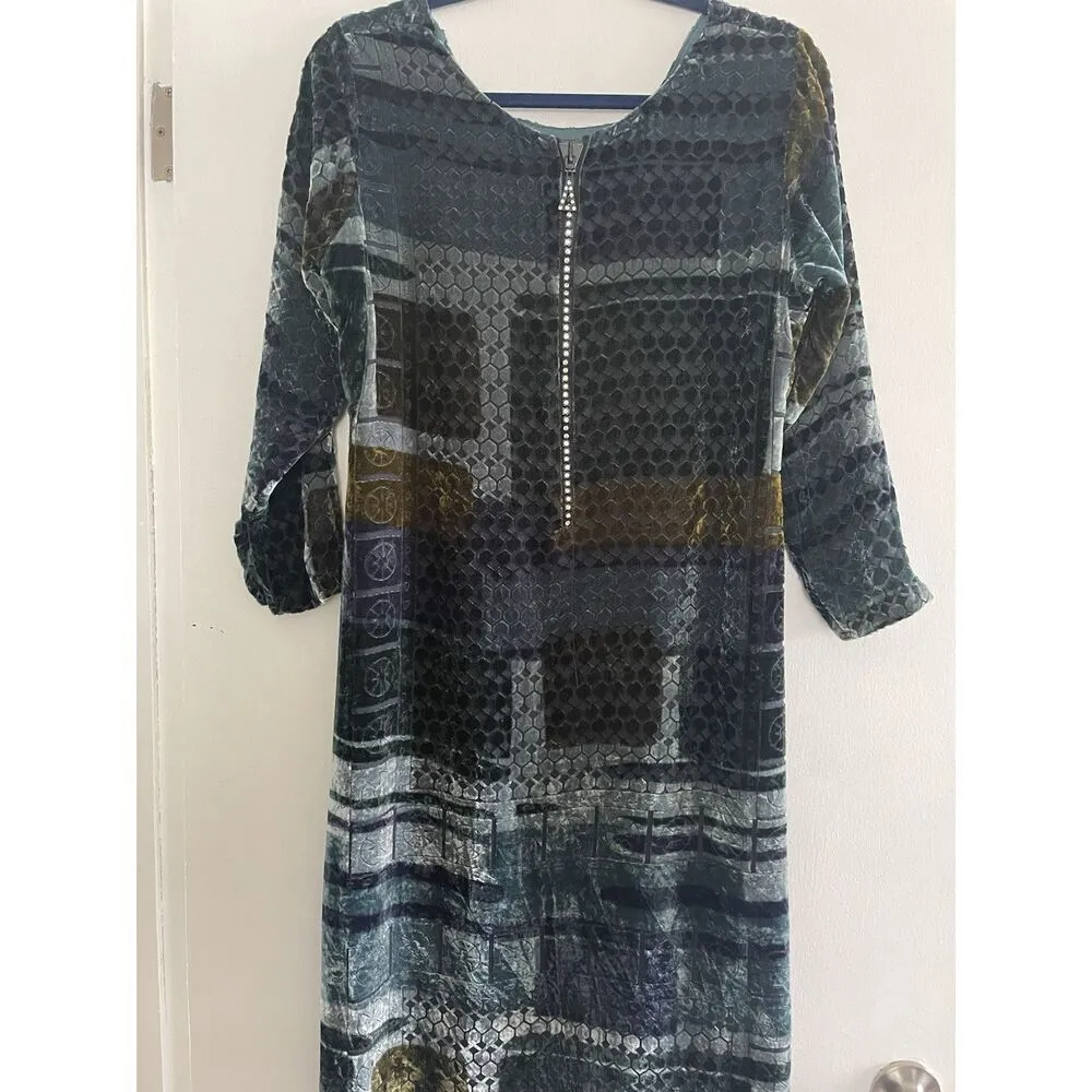 Women Kurta Pakistani Indian Kurti Shirt Dress S velvet silk and silk lining Blue - Image 10