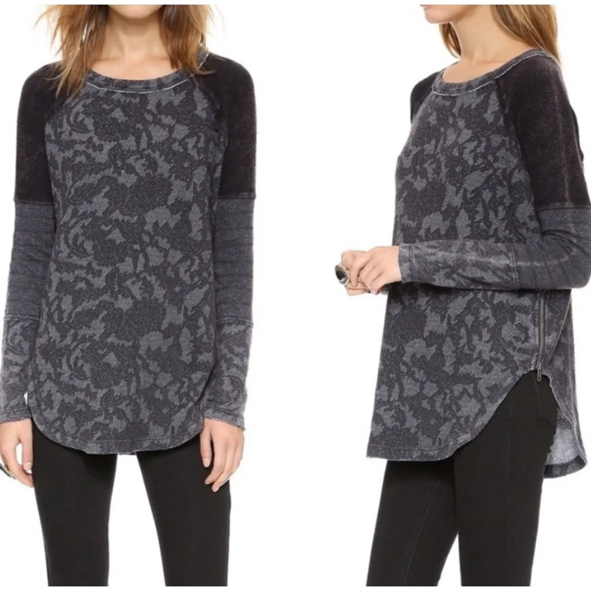 Free People Bed Of Roses Charcoal Floral‎ Print Thermal Tunic Pullover Shirt S - Image 2