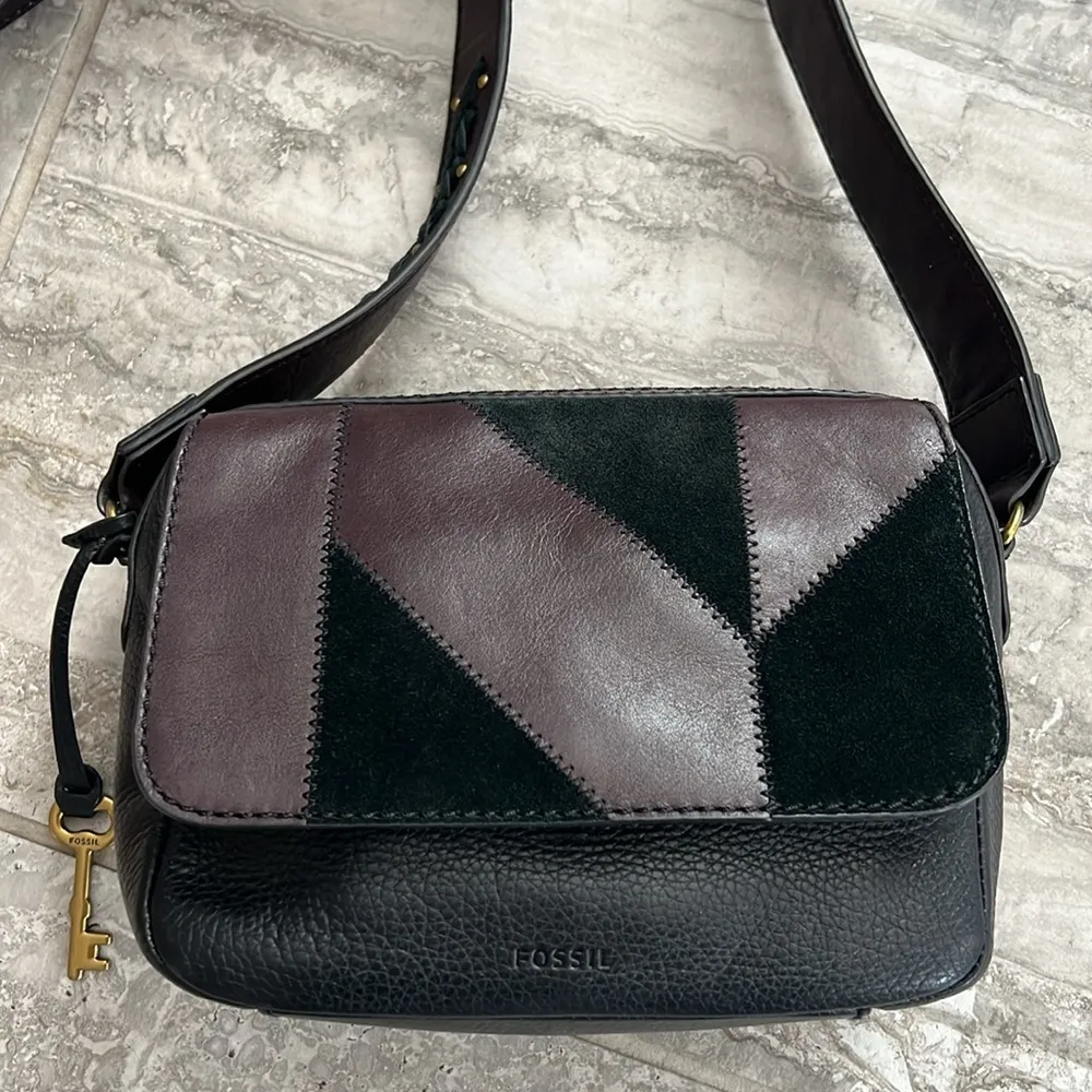 Fossil Aria Cow Hide Leather Shoulder Bag, Patchwork Black & Brown, Retail $178 - Image 4