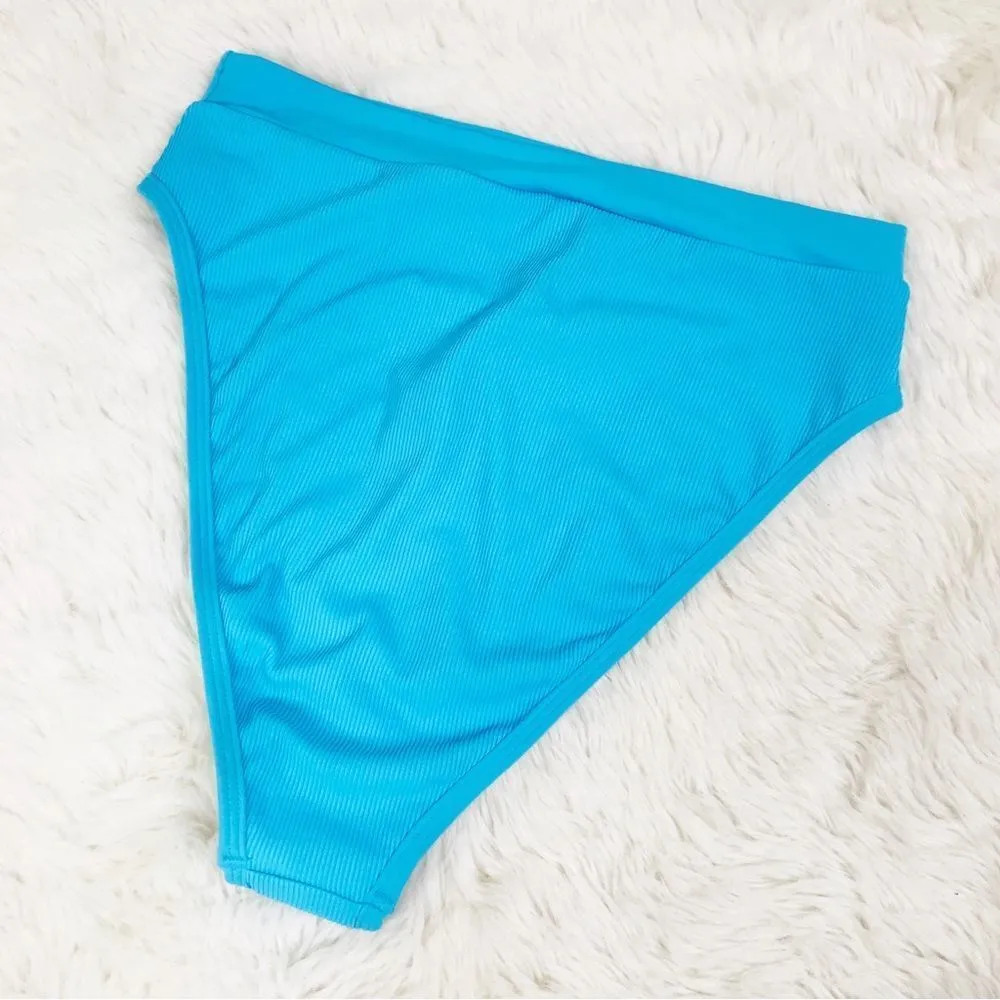 New L*SPACE Frenchi Bottom‎ Bitsy Cut High Waist Bikini Ribbed Aqua Blue Large - Image 4