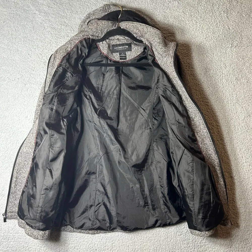 Liz Claiborne Jacket Womens Small Black White Tweed Hood Full Zip Outerwear Coat - Image 3