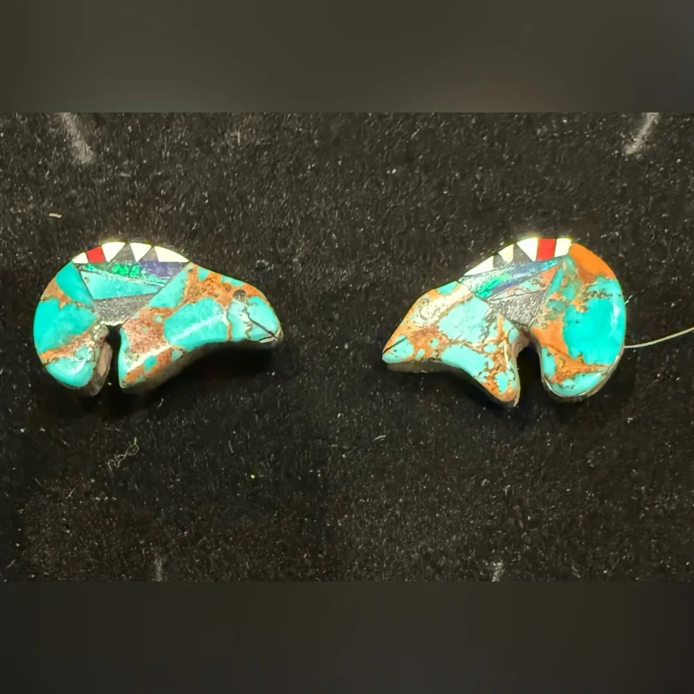 Turquoise and Sterling Silver Inlay Navajo Spirit Bear Earrings Blue - Image 2