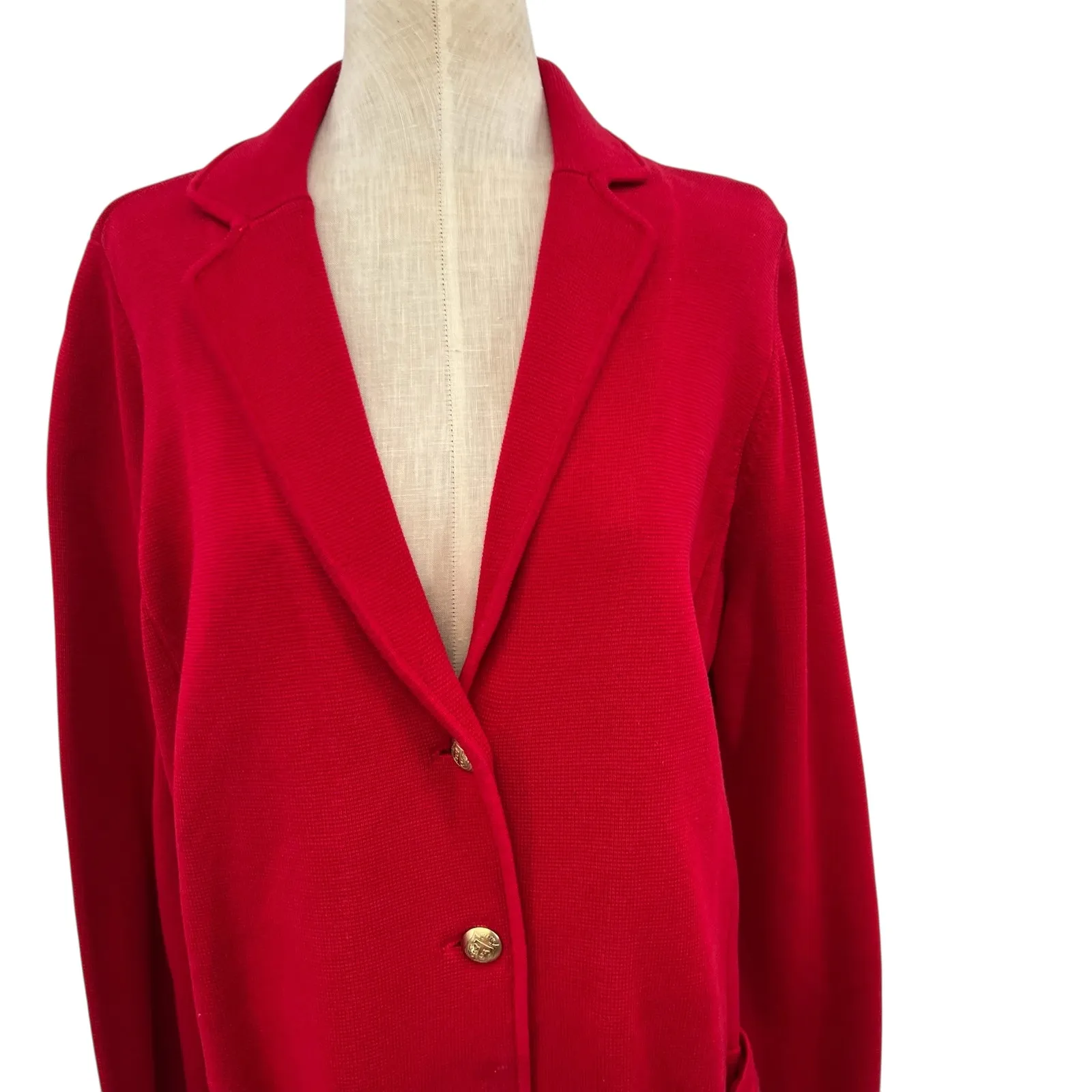 Talbots Knit Sweater Blazer Jacket Gold Buttons Ruffle Red Plus Size 1X - Image 3