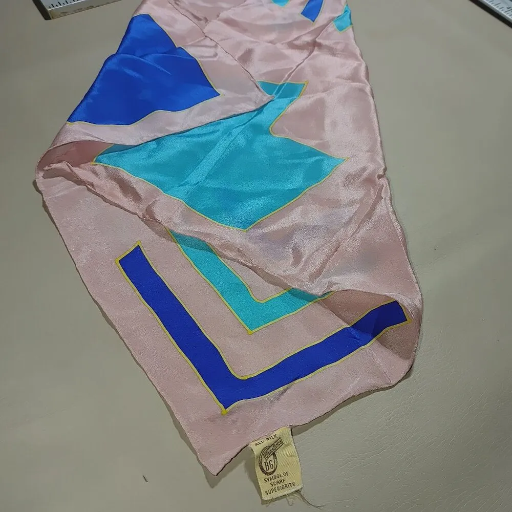 Vintage Small Craventte Silk BG Creation Scarf Pink Blue Teal Geometric Design - Image 5