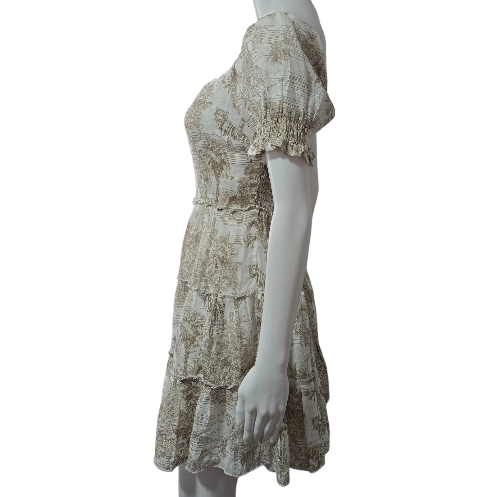 Luisa Positano Italy Linen Tiered Dress Puff Sleeve Toile Print OS Beach Cottage Tan - Image 3