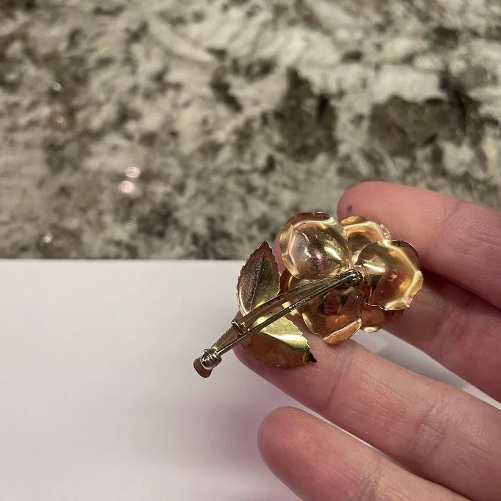 Signed Krementz Vintage Costume Jewelry Brooch Pin Two Tone Rose Flower Stem - Image 8