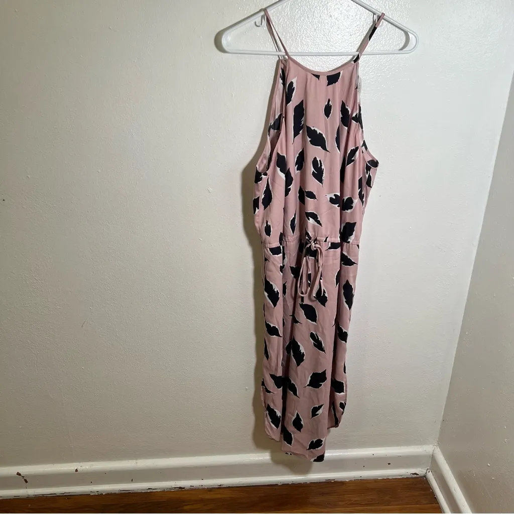 Loft Sleeveless Midi Dress Pink Black Feather Print L - Image 3