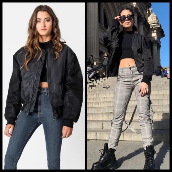 💕LF CARMAR💕 Black Oversized Mesh Bomber Jacket Size M - Image 2