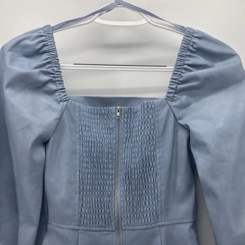 7 For All Mankind faux leather puff sleeve square neck ruched zipper back blue - Image 8