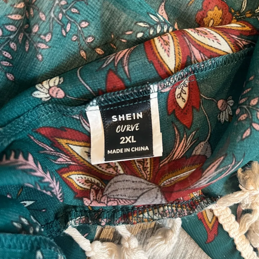 SheIn Curve 2XL Teal Floral Kimono with Tassels Womens Plus Size Short Sleeves - Image 5