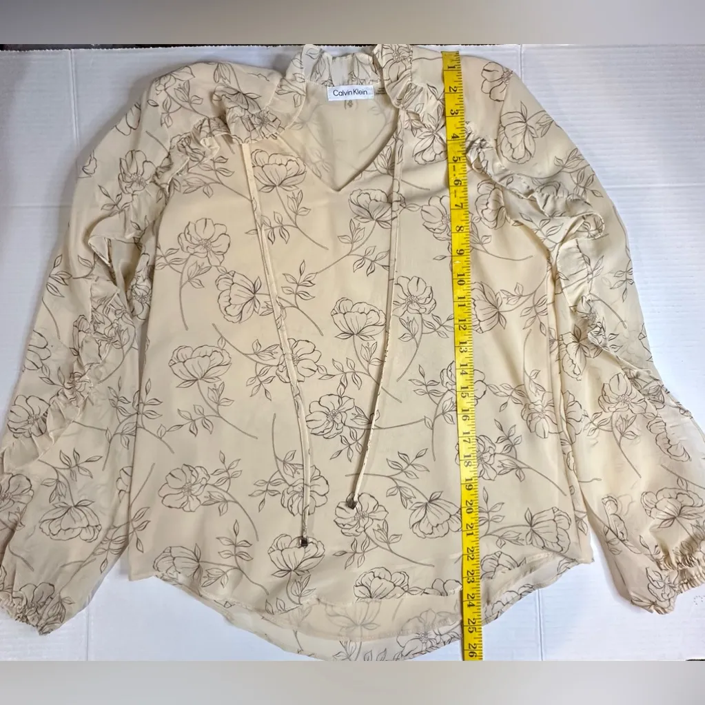 Calvin Klein‎ Long Sleeve Ruffled Sheer Floral V-neck Tan Blouse  Pre-owned XS - Image 2