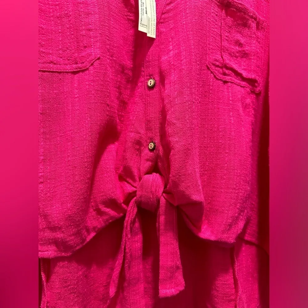 Lovestitch Pink Boho Tie Front Roll Tab Sleeve Soft Tencel Button Up top Size L - Image 5