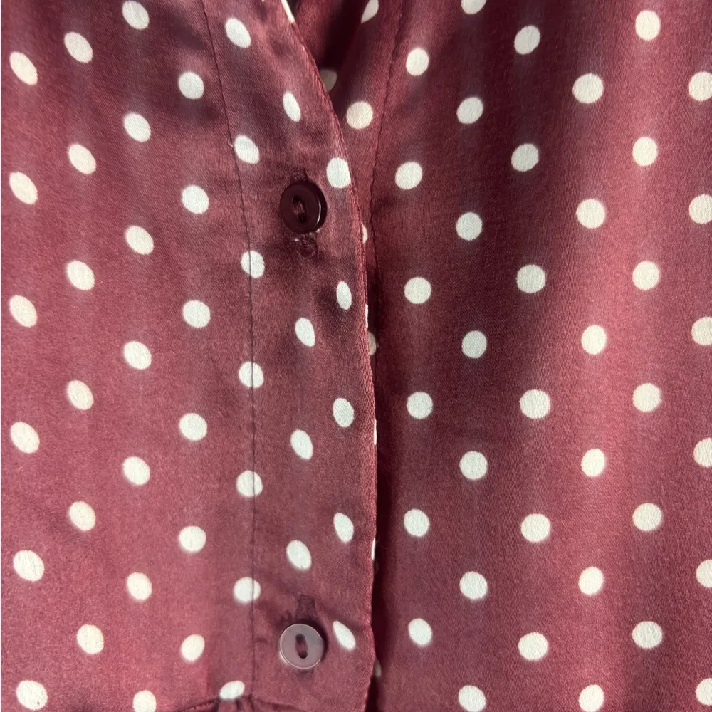 Zara L Babydoll Polka Dot Button Front Tunic Top in Burgundy - Image 2