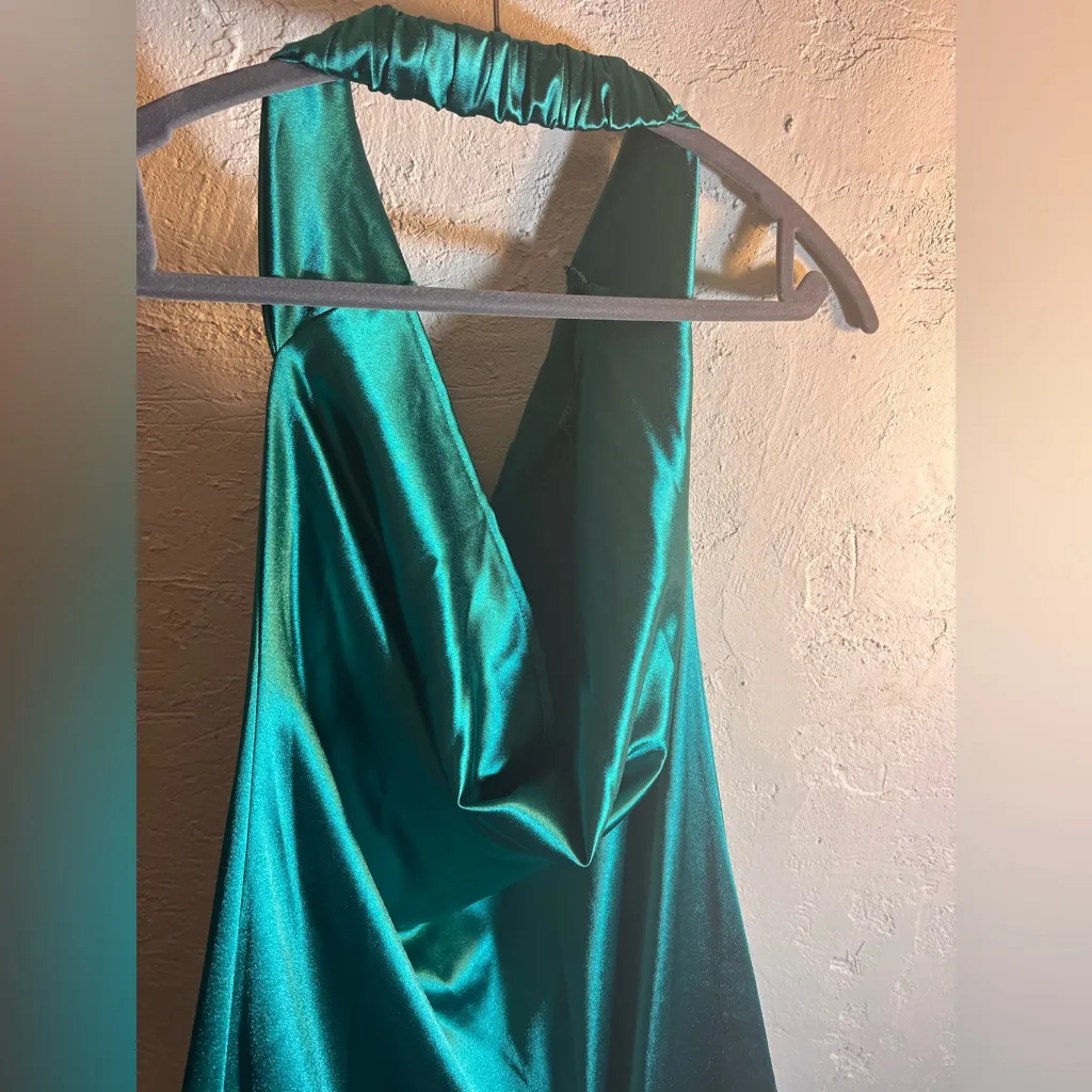 Emerald Green Teal Halter Dress evening prom wedding draped front back stretch M Size M - Image 10